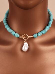 1pc Asymmetrical Turquoise & Faux Pearl Pendant Necklace For Women, Handmade Beaded Necklace With Varying Turquoise Patterns, Suitable For Everyday Wear