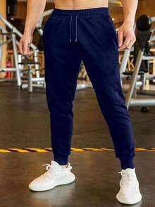 Men's Leisure Sports Sweatpants, Breathable Soft Drawstring Trousers With Letter Zipper Pockets, Suitable For Boyfriend/Husband - Navy Blue - View 3