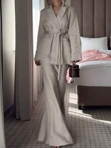 Set elegant de 2 piese pentru femei, cu jachetă și fustă, în stil solid - Gri - Vizualizare 5