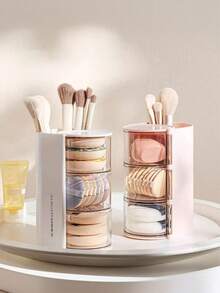 1 pièce Boîte de rangement 2-en-1 pour éponge et houppette de maquillage rotative, organisateur de bureau de coiffeuse élégant et anti-poussière pour éponges de maquillage, coussinets, rouges à lèvres et pinceaux de maquillage. Parfait pour les passionnés de beauté et les professionnels. Cadeau idéal pour les fêtes et les occasions spéciales. Améliorez votre routine de maquillage avec cet organisateur chic et fonctionnel. - Boîte de rangement multicolore - Voir 7