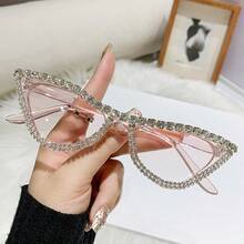 1 件女士新款香槟色猫眼水钻装饰时尚眼镜，时尚奢华装饰眼镜猫眼形墨镜 - 黑框白鑽 - 查看 9