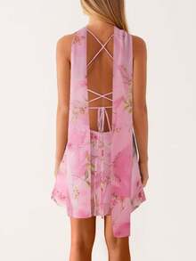 Women Y2K Floral Cami Mini Dress With Choker Scarf Sets Solid Color Spaghetti Strap V-Neck Mesh Bodycon Short Dress Summer Backless Sleeveless Going Out Slip Dress Party Club Beach Vacation Sundress - 彩色 - 查看 2