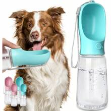 Bouteille d'eau pour chien de 550 ml/19 oz, distributeur d'eau portable pour animaux de compagnie étanche avec bol d'alimentation, convient pour la promenade en plein air, la randonnée, les voyages, en plastique (bleu/rose)