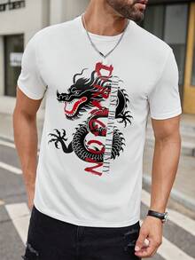 tooluck Men's Tshirt Comfort Fit, Dragon Print Tee Shirt, Casual Short Sleeve T-Shirt For  For Daily Vacation Resorts - 白色 - 查看 2
