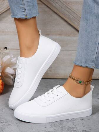 1 Pair Solid White - Preppy Style Flat Soft Bottom Casual Sneakers, Student Shoes