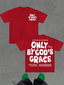 (220g Pure Cotton T-Shirt)  Men's Summer Round Neck Short Sleeved Casual Pure Cotton Christianity Clothing Print  ONLY BY GOD IS GRACE - 紅色 - 查看 1