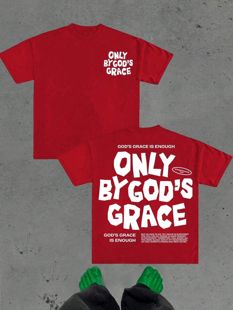 (220g Pure Cotton T-Shirt)  Men's Summer Round Neck Short Sleeved Casual Pure Cotton Christianity Clothing Print  ONLY BY GOD IS GRACE - 紅色 - 查看 1