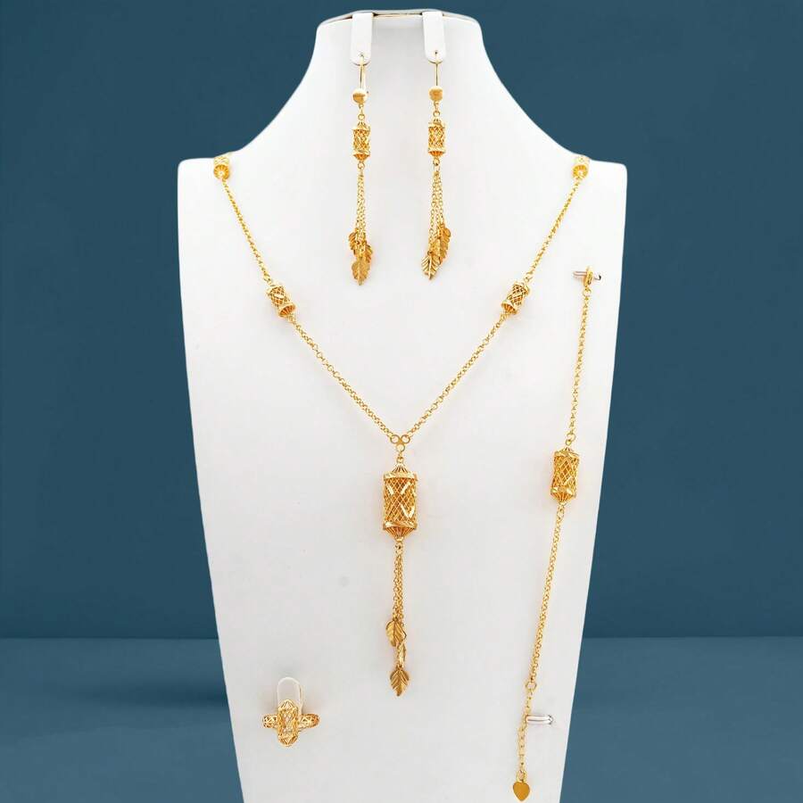 5 件 18K 镀金铜花蕾和水果形防水耐用首饰套装，包括长项链和耳环，优雅休闲度假风格，适合婚礼、派对、日常穿着，送给女士的礼物