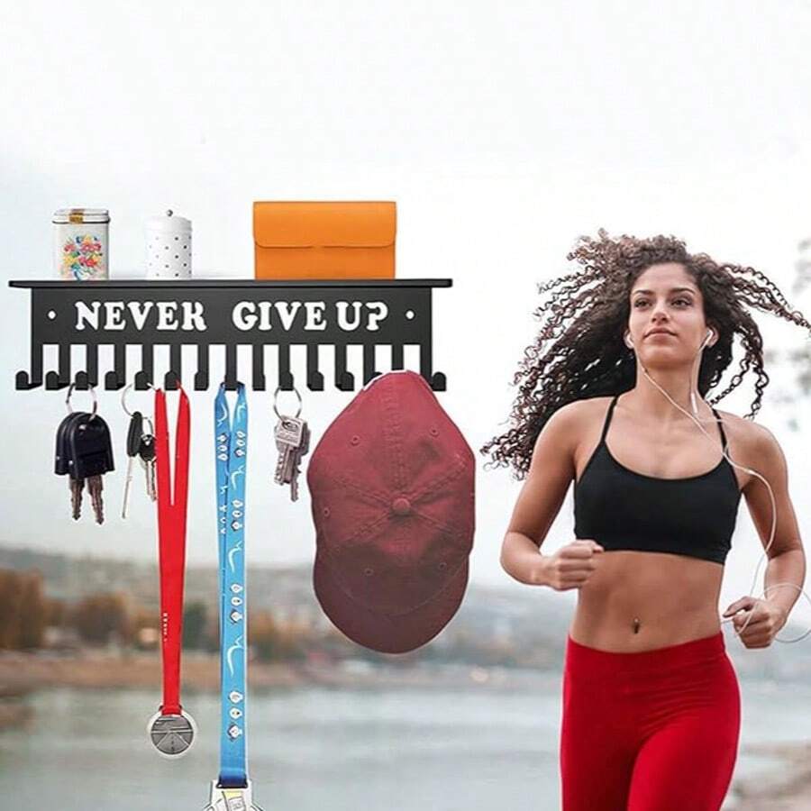 15-Hook Medal Display Rack, Medal Hanger Rack, Never Give Up, Steel Wall Mount Frame For Over 90 Medals, Medal Display Rack For Running Competitions