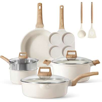 陶瓷不粘锅具套装，健康锅具套装，带耐热手柄的厨房烹饪套装，带盖陶瓷不粘炖锅，白色花岗岩涂层