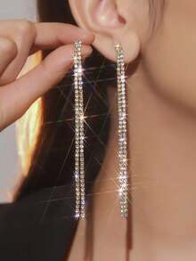 一对简约风格长款水晶耳环，适合女士婚礼和派对配饰 - 銀色 - 查看 3