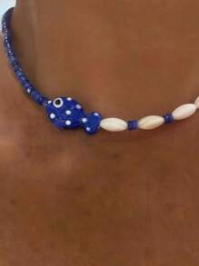 Collar de estilo bohemio con cuentas pintadas a mano con diseño de estrella de mar, cadena de la clavícula de pez payaso de cerámica naranja con lunares