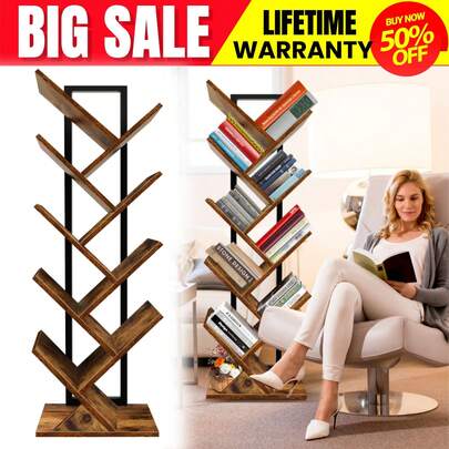 AutoFu 9 Tier Bookcase Bookshelf, Floor Standing Shelving Unit Tall Book Storage Wooden Bookshelves Tree Bookshelf For CDs Albums DVD, Home Bedroom Decor, Rustic Brown And Black, Halloween, Christmas Gifts