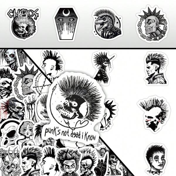 60pcs Black And White Gothic Punk Style Stickers Suitable For DIY Stickers On Computers, Mobile Phones, Books, Musical Instruments, Holiday Gifts School Supplies, Back To School