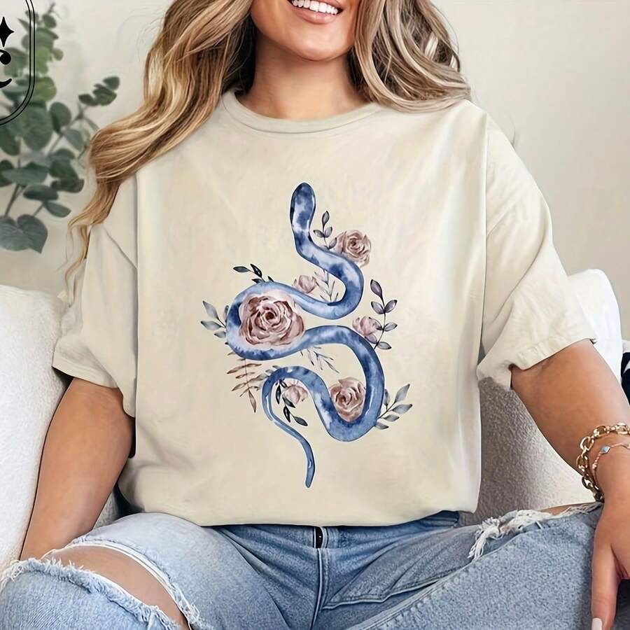 Snake Shirt, Cottagre, Herpetology Shirt, Floral Snake , Goblincore , Feminine Energy Clog, Witchy T-Shirt, Snake Lover Gift220G Pure Cotton T-Shirt - Casual Style, Perfect For Fall And Winter, A Thoughtful Day Gift For Family Andtops For Wo, Clothes Wo,Vintage,Vintage Clothes Wo,Cotton,Summer Clothes Wo,Summer Tops Wo, Mujer, For Wo,Cute,Goth,Inawly,Red White And Blue,Camia,Ry,Ing,Graphics Woman T Shirts,Retro,Embroidered,Casual,Tops,Graphic S,Graphic S Wo,Musera,Beach,S - White - View 1