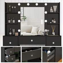 Dressing Table Makeup Vanity Desk Set With Dresser Mirror 3 Color Lights - Large Dressing Table Set & LED Makeup Mirror Drawers Vanity Desk For Bedroom