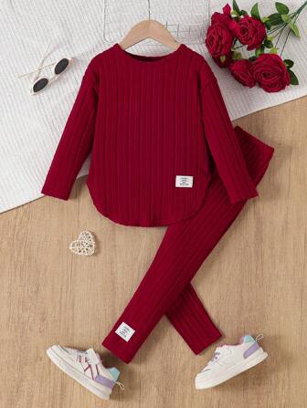 Girls Simple Solid Color Rib Knit Long Sleeve Top + Pants Set