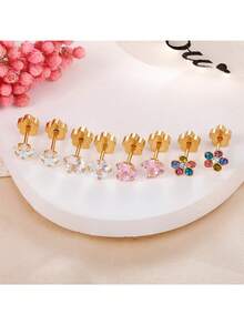 4 对女士防过敏平背耳环不锈钢软骨耳环平背心形星形花朵手工螺丝背耳环适合敏感肌肤午睡耳环 - 4對 - 查看 7