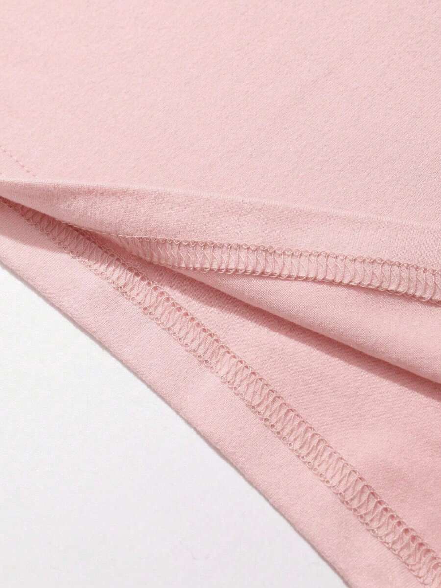 Baby Girls' Simple Flower & Letter Print Round Neck Short Sleeve Cute Top - Pink - View 1
