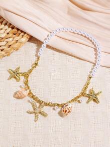 Colar de estrela do mar dourado para mulheres - Corrente delicada inspirada no oceano com detalhes em pérolas e conchas | Joias de praia vintage e doces para o verão | Presente e uso diário para adolescentes