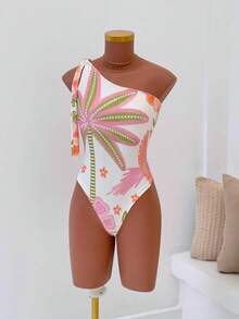 Women's Printed Macaw Bodysuit Summer  One-Shoulder Top With Single Strap - Embroidered Garden - View 1