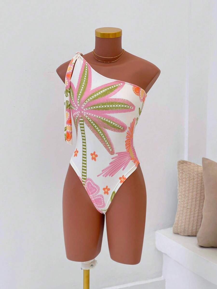 Women's Printed Macaw Bodysuit Summer One-Shoulder Top With Single Strap - Embroidered Garden - View 1