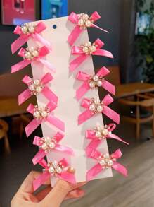 10pcs/Pack Girls' Cute & Delicate Versatile Mini Multi-Color Bowknot Pearl Decor Hair Clips