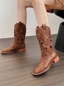 Retro Brown Western Cowboy Boots, Women Spring Autumn 2025 New V-Cut Hollow Mid-Calf Rider Boots, Vintage Style