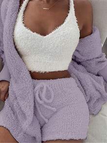 3pcs Womens Clothing Long Sleeve Crop Tank Top And Drawstring Shorts Pajama Set - Xám - Xem 3