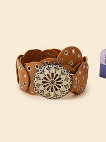 大码女式波西米亚风镂空金属圆盘孔眼花卉图案铆钉腰带装饰时尚性感连衣裙配饰，适合各种派对、聚会和休闲场合 - 拼接 - 查看 18