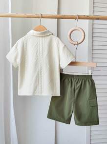 2 Pieces Boys' Preppy Style Outfit Diamond Jacquard Polo Shirt + Elastic Waist Shorts With Pockets Perfect For School Days Weekend Outings Playdates Family Gatherings