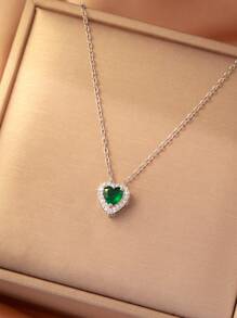 1pc Women's Fashion Elegant Green Cubic Zirconia Heart-Shaped Titanium Steel Silver Plated Adjustable O-Chain Necklace, Suitable For Party And Daily Wear