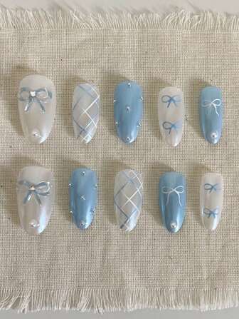 10pcs Delicate Sweet Blue Tone 3D Handpainted Bowknot Polka Dot Manicure Nail Art Decals, Cute French Style