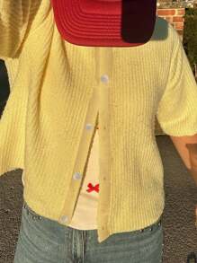 Spring And Summer Thin Fashion Casual Vacation Hundred Cream Crew Neck Short Sleeve Cardigan Sweater, Spring And Autumn Style Brunch Outfits For Women