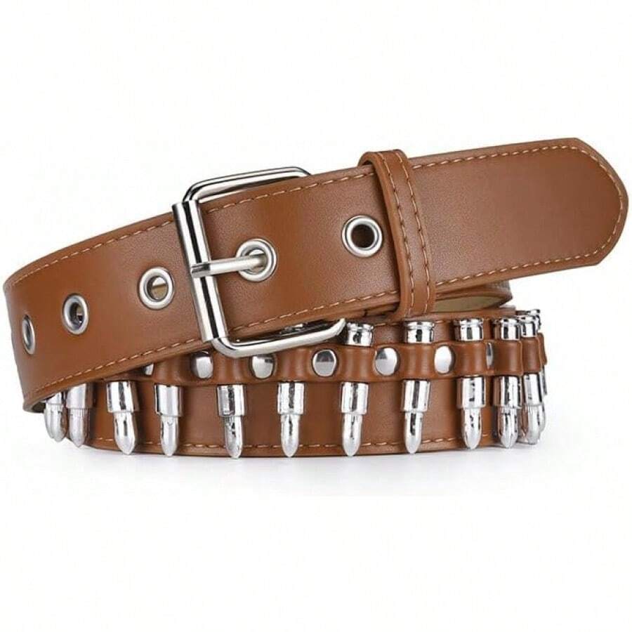 Studded Belt, Metal Punk Rivet Belt With Bright Studs Women And Men - Brown - View 1