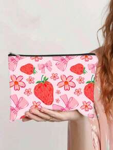 1 pieza Bolsa de cosméticos con estampado de fresa lindo, bolsa de aseo con patrón de doble cara, bolsa con cremallera de tela de poliéster para guardar accesorios pequeños y artículos de papelería, adecuada como regalo para amigos y niños, esencial de viaje de regreso a la escuela, vacaciones de verano, bolsa escolar para artículos escolares, bolsa de aseo de viaje - Multicolor - Ver 12