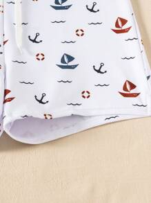 Men's Anchor Print Drawstring Swimming Trunks - Stretchy Fabric, White With Red & Blue Anchor Design, Suitable For Summer Beach And Swimming Pool