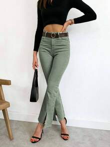 Women's Color Cloth Pants Bootcut Pants Women's Jeans Women's Bootcut Pants Fashionable Solid Color Pocket Button Zipper - Army Green - View 4