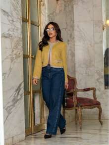 Jaqueta tweed Cropped e bolsos frontais - Amarelo - Visão 4