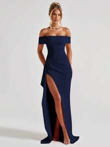 Sexy Off-Shoulder Slit Elegant Fitted Dress, Wedding Extra Long Formal Gown, Bridesmaid Dress, Christmas Party Dress, Cocktail Formal Dress - Navy Blue - View 5