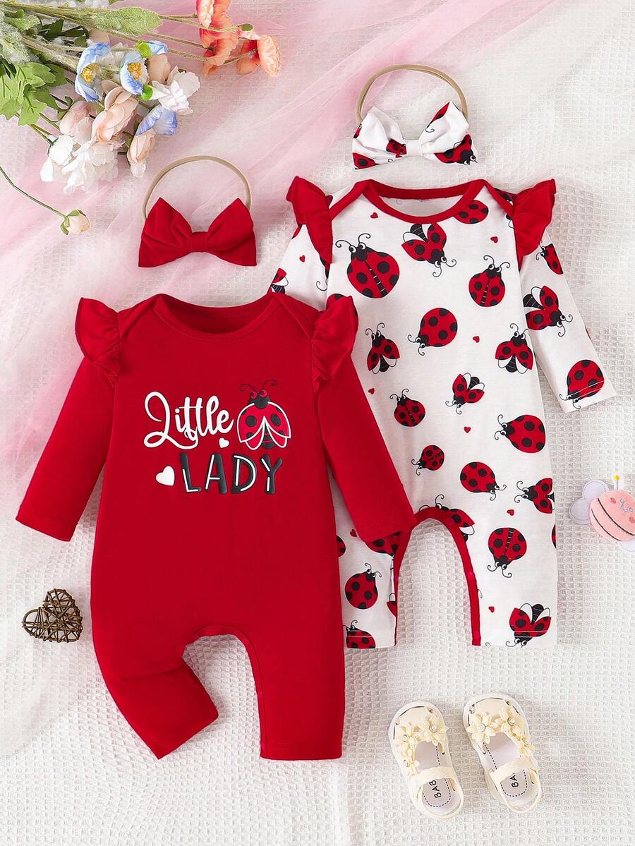 2pcs Baby Girls' Long Sleeve Ruffle Trim Cartoon Bee Print Jumpsuit And Headband Set - Red - View 1