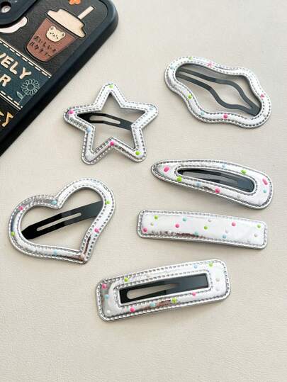 5 قطع/6 قطع مجموعة مشابك شعر جلدية فضية مجوفة ، مشابك شعر متعددة الاستخدامات بنمط نقاط بيضاء سوداء، مشابك شعر قصيرة جميلة للنساء ،إكسسوارات شعر ،مشابك شعر ، مقاطع شعر