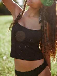 Full Bloom Eyelet Cami Y2k Sleeveless Scoop Neck Tank Top Summer Wide Strap Slim Fit Going Out Crop Tops - màu đen - Xem 3