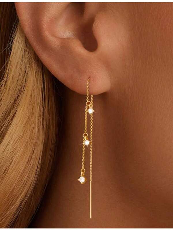 1 Pair Women's Gold-Color Long Tassel Ear Chain Dangle Earrings, Delicate Jewelry For Wedding, Bride, Bridesmaid