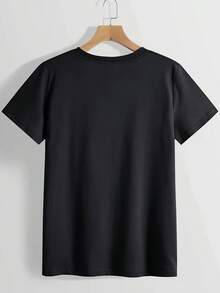 Women's Cotton Mahjong Print T-Shirt - Loose Fit Round Neck Short Sleeve With "The Charleston" Lettering & Tile Design, Machine Washable Casual Top For Spring Summer Fall, Versatile Clothing, Playful Design, Comfortable Material, Printed Shirt, Leisure Outfit - 黑色 - 查看 2