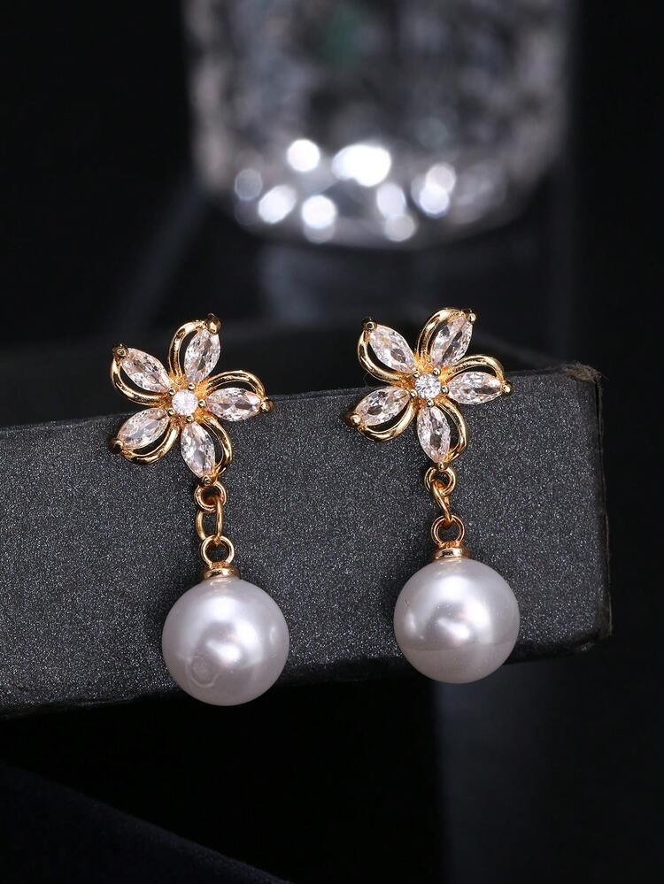 1 par de aretes de flor de circonita transparente lindos, adecuados para el atuendo de boda de las mujeres, joyería nupcial de cristal brillante de moda - Dorado - Añade 1