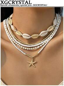 Set de 5 collares con colgantes de estrella de mar y conchas hechos a mano con estilo bohemio y capas para mujeres, adecuados para vacaciones en la playa, fiestas, fotografía, fiestas en la playa, reuniones junto a la fogata, accesorios de moda