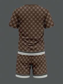 男士几何印花圆领短袖休闲T恤和抽绳腰短裤套装 - 棕色 - 查看 3