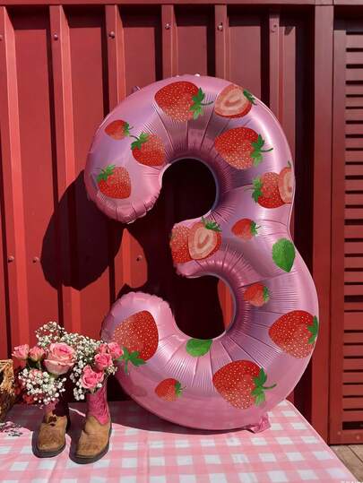 带草莓贴纸的 0-9 数字铝箔气球 - 生日派对装饰、公主主题、庆典用品、派对家居装饰、生日派对装饰 | 草莓主题装饰 | 气球、生日派对装饰