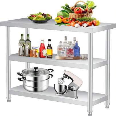 Stainless Steel Table, 14 X 24 X 34 Inch, 3-Tier Metal Prep Table With 2 Undershelf & Gloves, Commercial Kitchen Utility Workstation For Restaurant, Hotel, Laundry, Garage, Indoor, Outdoor, BBQ